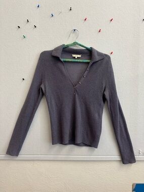 Grey Purple Long Sleeve Mohair Button Polo Top